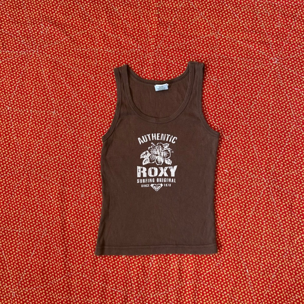 Vintage Roxy 2000s Brown Ribbed Graphic Tank Top Small Surfing Original Hibiscus